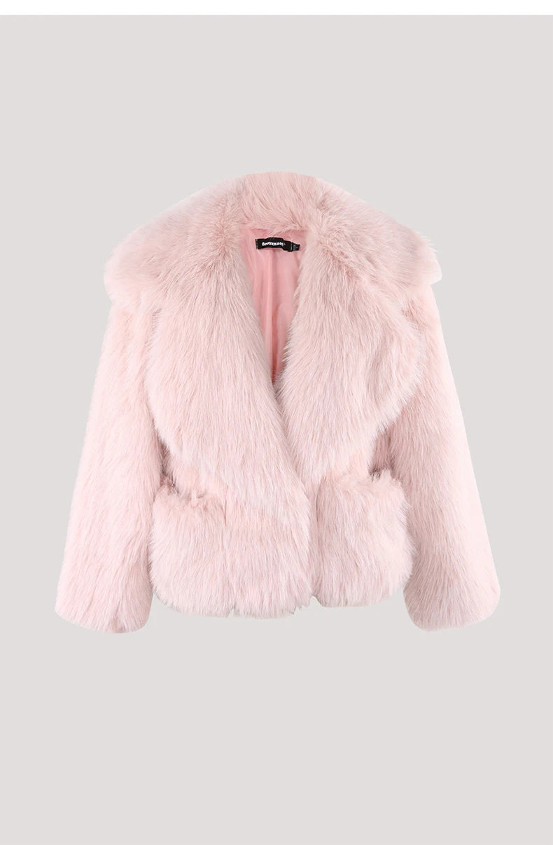 Nerazzurri Winter Short Loose Casual Hairy Soft Thick Warm Pink Faux Fur Coat Women with Big Collar and Pockets Fluffy Jacket