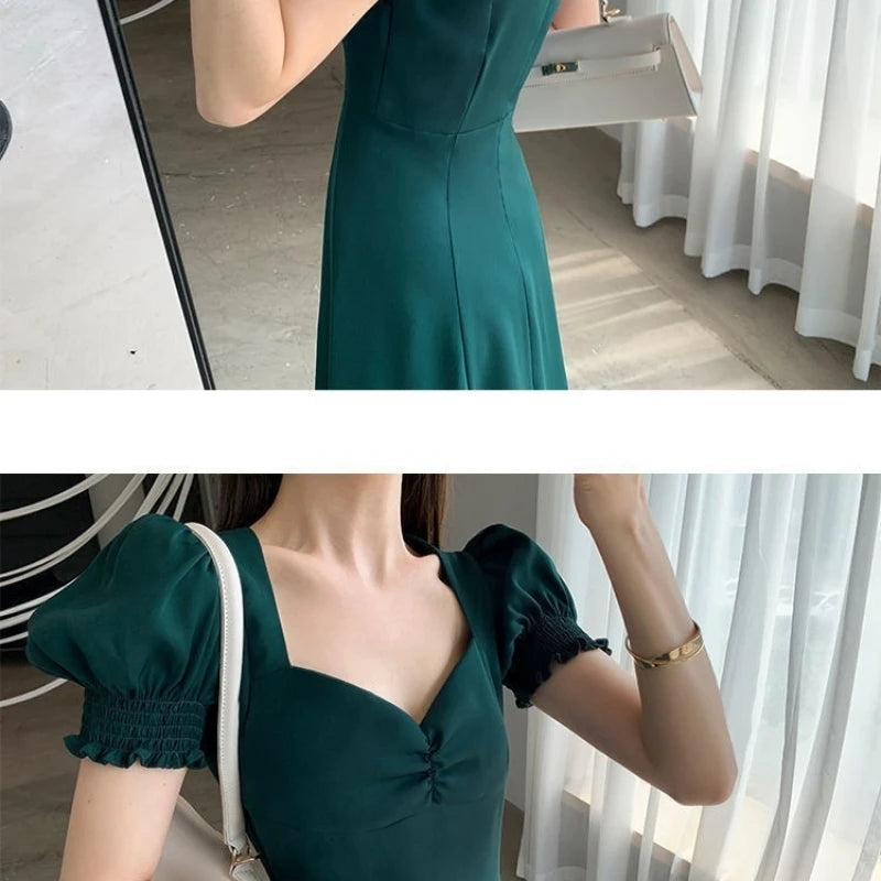 Solid Puff Short-Sleeved Elegant Dress Women Clothing Wedding Guest New Year Women Fashion High Waist Slim Evening Party Dresses