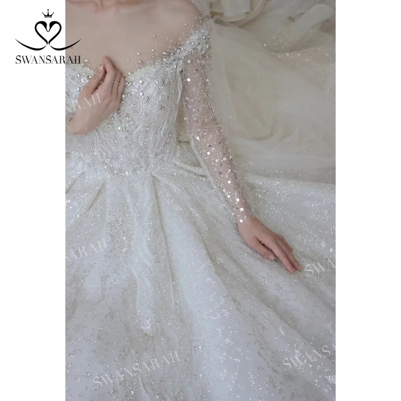 Crystal Long Sleeve Wedding Dress 2024 Shiny Ball Gown Court Train Princess Bride SwanSarah M108 Plus Size Vestido De Novia