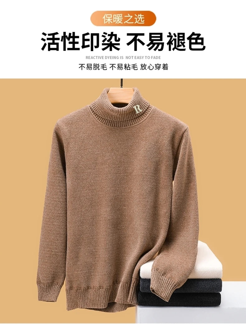 Luxury brand sweater men's high neck designer new trend R embroidery casual Korean top winter plush thick warm knitted pullover
