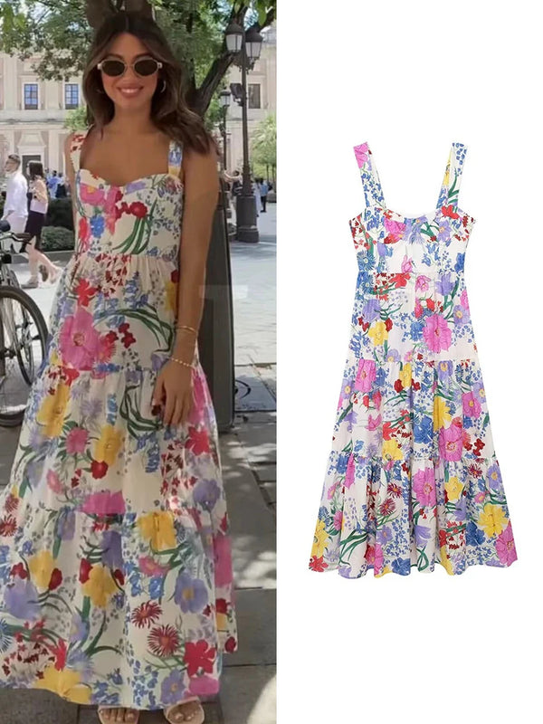 TRAF New Summer Holiday Spaghetti Strap Dress 2024 Women Fashion Flower Print Beach Vacation Midi Vestidos Camisole