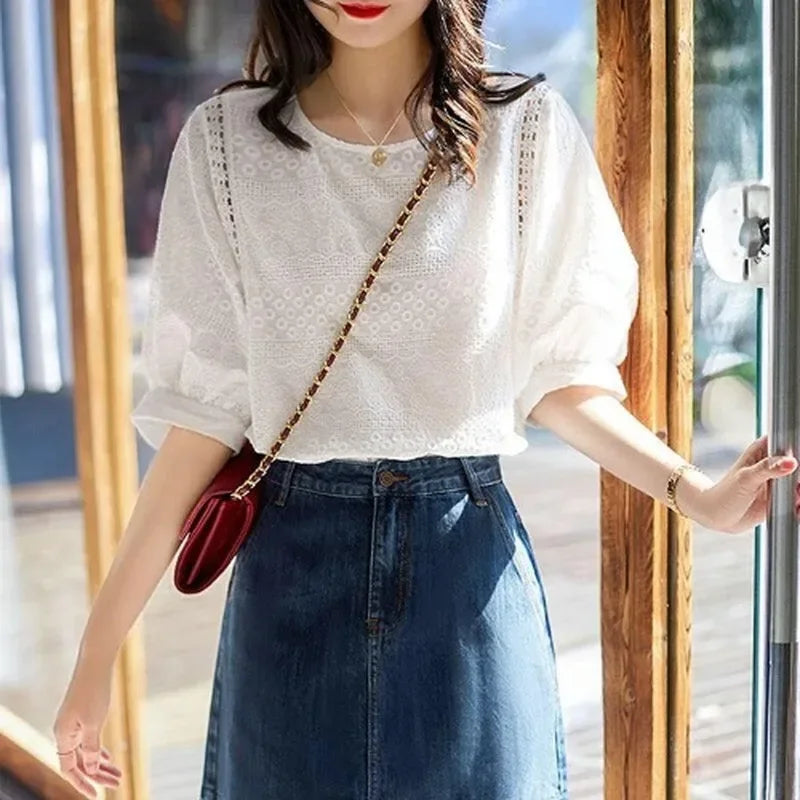 2023 Summer New Korean Fashion Women's Lantern Sleeve Loose Shirts Embroidery Cotton Lace O-neck Casual Blouses Clothes 13440