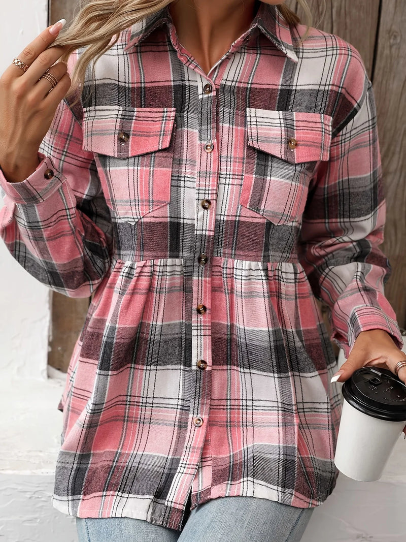 Plus Size Casual Blouse, Women's Plus Plaid Print Button Up Long Sleeve Turn Down Collar Blouse