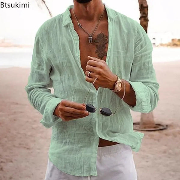 2024 Men's Cotton Linen Shirts Top Simple Laple Solid  Man Shirts Tops Comfortable Loose Casual Holiday Shirts for Men Blouses