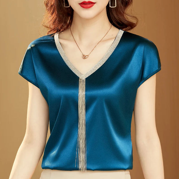 Shirts and  Blouses Fashion Woman 2024 Silk Tops Solid V-neck Satin Bat Sleeve for Women Elegant Office Lady Loose Casual 15494
