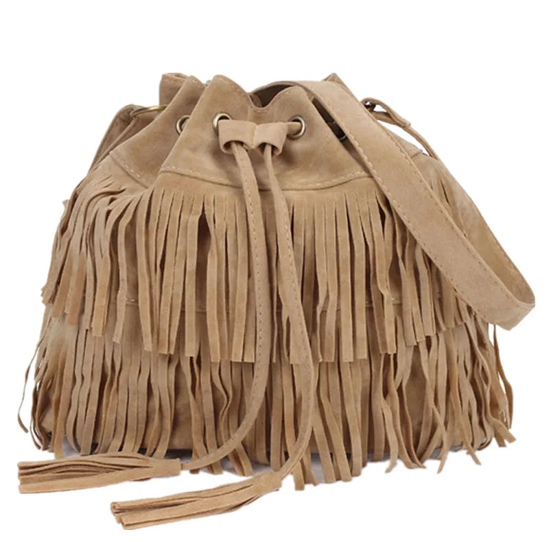 Fashion Retro Faux Suede Fringe Women Messenger Bags Tote New Tassel Shoulder Handbag Shoulder Crossbody Bag Tassel Bucket Bolsa