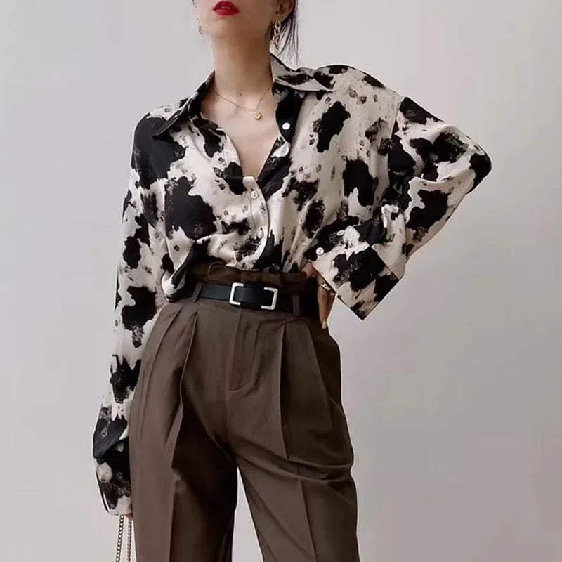 Cow Print Button Up Shirts Women Long Sleeve Blouse Korean Fashion Loose Clothes Chiffon Shirt Streetwear Tops Spring New 13486