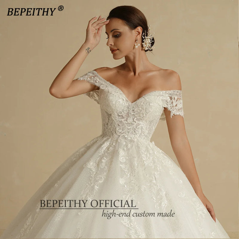 BEPEITHY Off Shoulder Lace Wedding Dresses 2022 For Women Sleeveless Vintage Shinny Glitter Bridal Ball Gown Vestidos De Novia