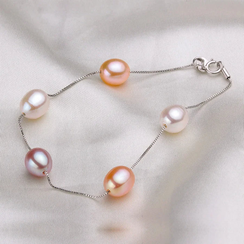 HENGSHENG Natural Pearl Necklace/Bracelet Jewelry Sets 925 Sterling Silver Chain with Freshwater Pearl Jewelry Gift for Women