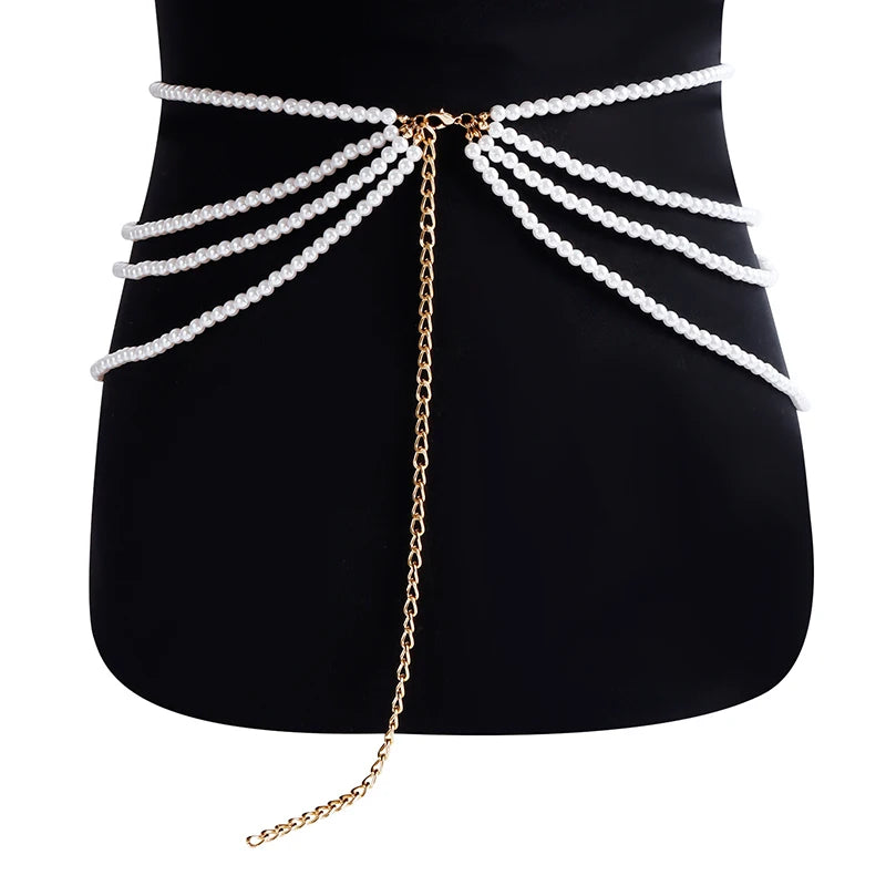 Multilayer Pearl Waist Chains for Women Imitation Pearl Metal Ring Tassel Belt Fashion Elegant Body Jewelry Clothing Accessories
