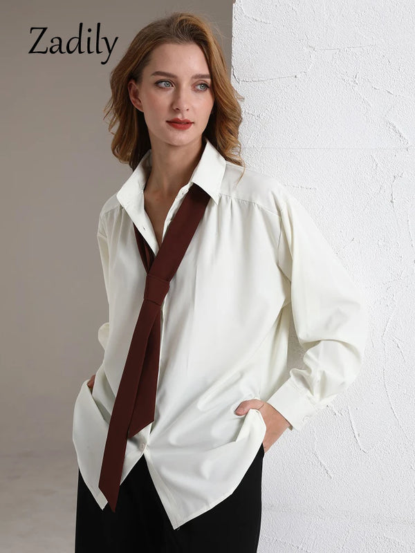 Zadily 2023 Spring Minimalist Long Sleeve Button Up Shirt Women Korean Style Solid Tie Oversize Shirts Blouse Loose Clothes Tops