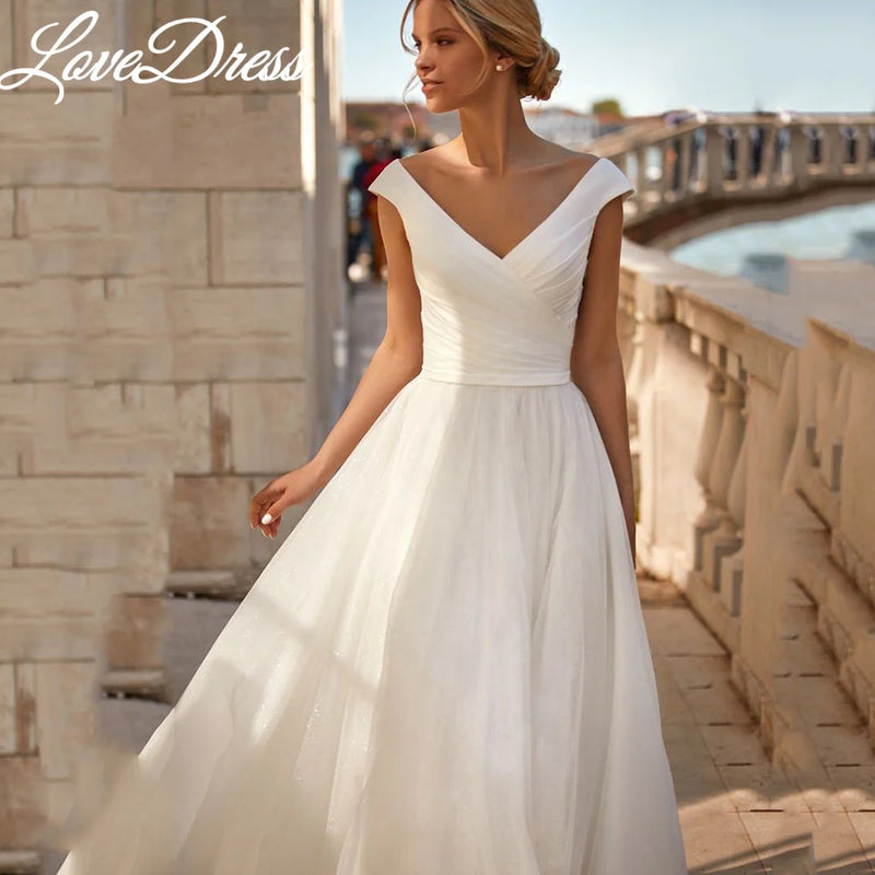 LoveDress V-Neck Weeding Dress Cap Sleeves Pleats Organza Satin Bohemian A-Line Bride Gown Traped Train Vestido De Novia