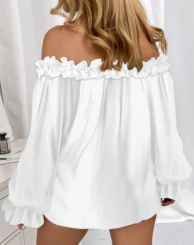 Office 2024 Spring Summer Women's Blouse Solid Color Pleated Loose Ruffle Hem Lantern Sleeve Top Off Shoulder Slash Neck Shirt