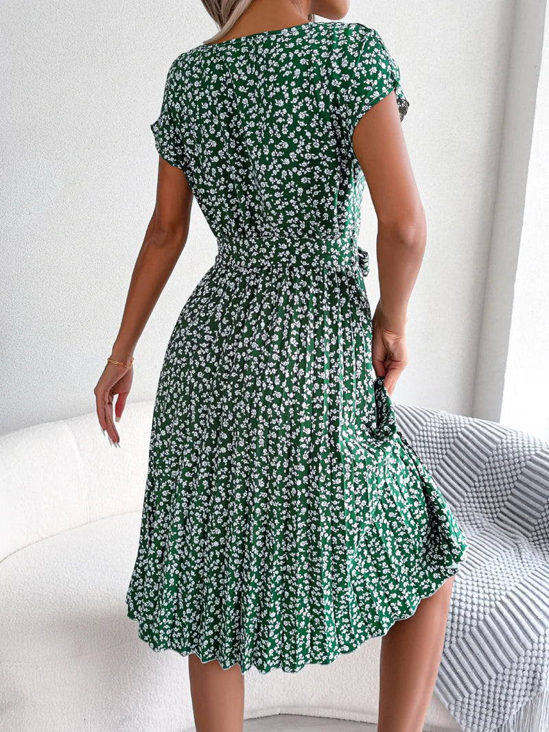 Women Spring Summer Short Sleeve High Waist Chic Dress Fashion Floral Pleated A Line Long Dress