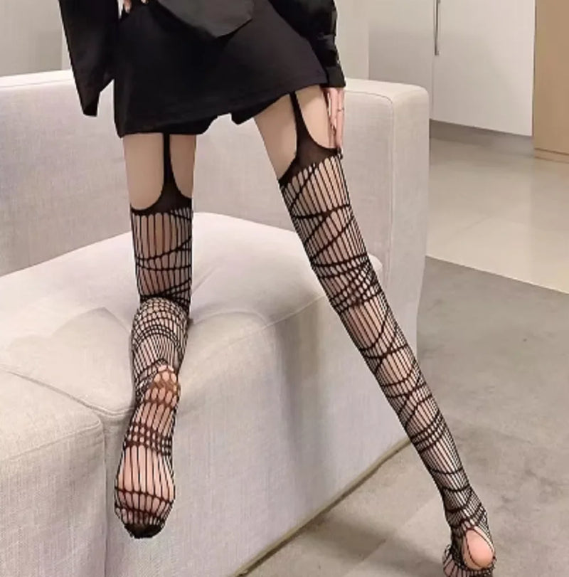 Sexy Women Fishnet Suspender Pantyhose Thigh-High Stockings Tights Stretchy High Erotic Stockings for Halloween Party Dress Up