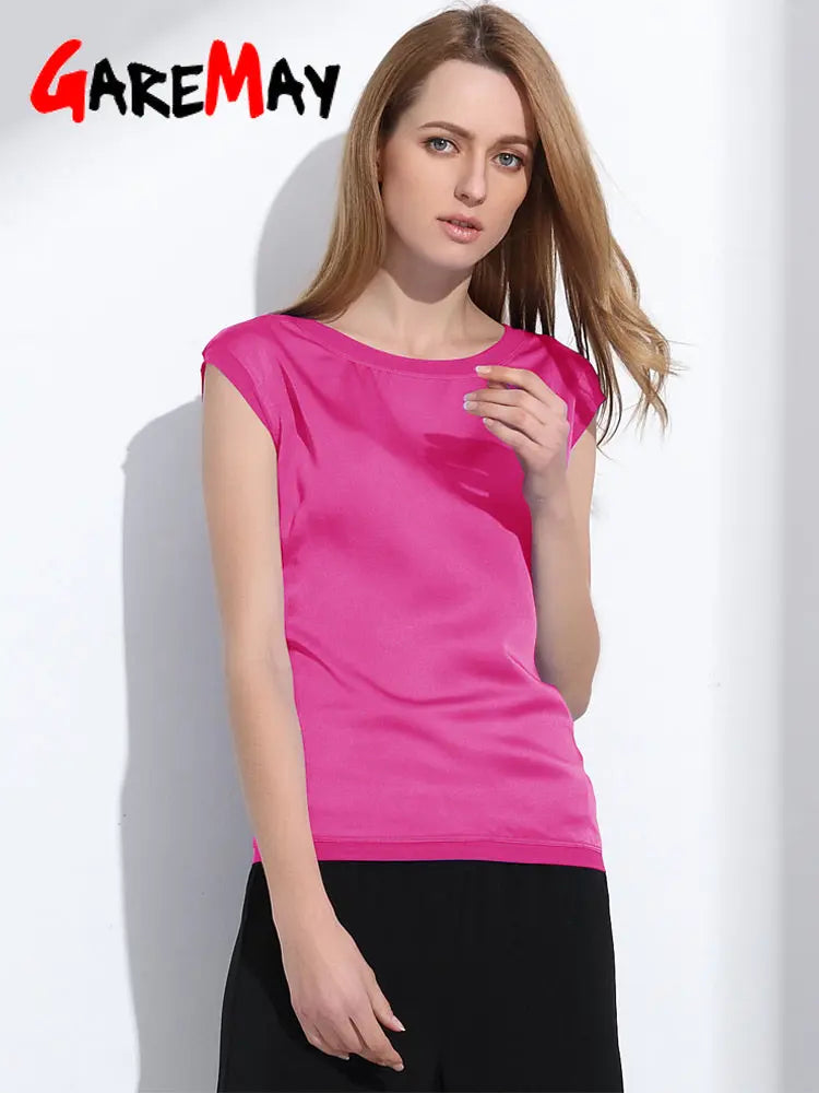 Summer Women Blouses 2023 New Casual Chiffon Silk Blouse Slim Sleeveless O-neck Blusa Feminina Tops Shirts Solid 6 Color  Y048