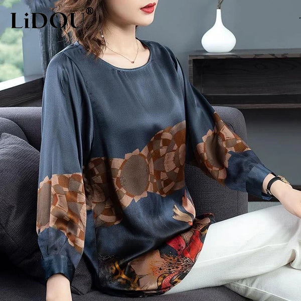 Summer Autumn Imitation Silk Fashion Print Loose Casual Shirt Ladies Oversized Long Sleeve Wild Elegant Blouse Top Women Blusa