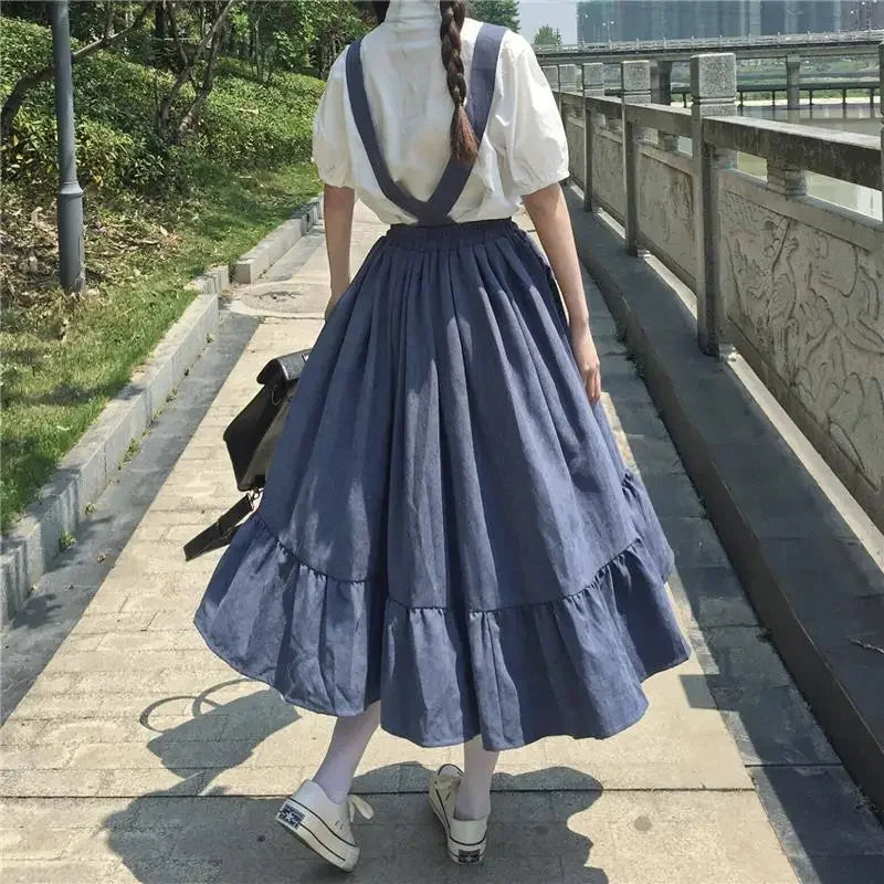 New Sweet Women Skirt Preppy Style Strap Long Skirt Ruffles Loose Cute Student Casual Skirt Female Skirts 2023 HOT