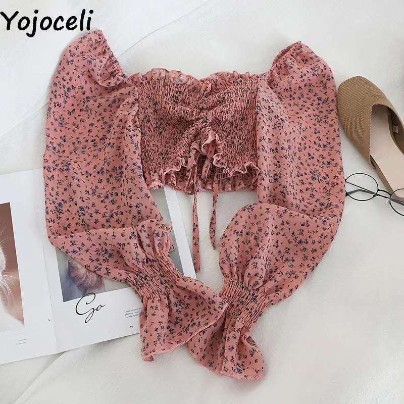 Yojoceli Sexy pleated print chiffon blouse women Autumn beach casual short crop top female Cool elegant ruffle blouse