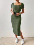 Summer Square Neck, Hip-Hugging Mid-Length Skirt, Short-Sleeved, Versatile Knitted Slit Dress