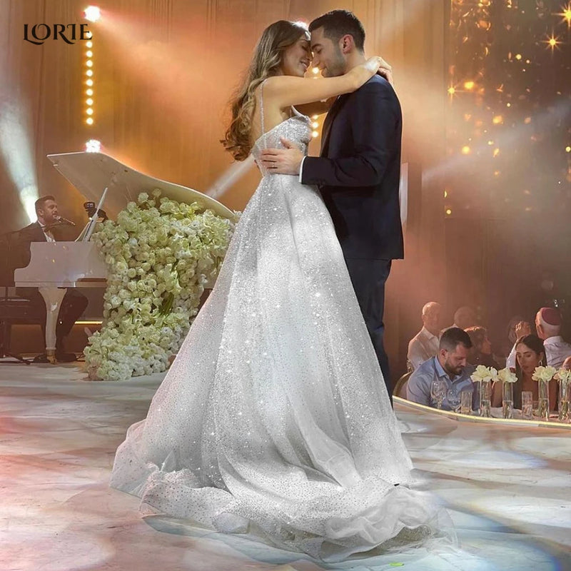 LORIE Glitter A-Line Wedding Dresses Spaghetti Straps Sweetheart  Open The Back Boho Bridal Gowns Shiny Princess Bride Dress