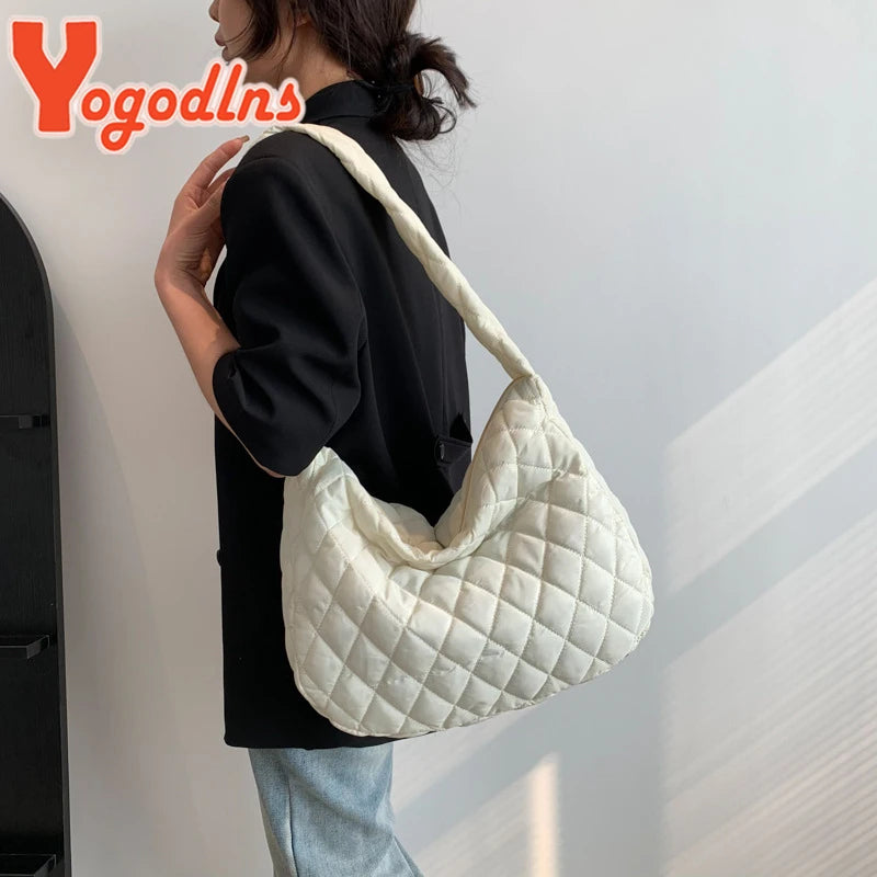 Yogodlns Winter Rhombus Space Cotton Padded Shoulder Bag Female Fashion Flap Down Crossbody Messenger Bag Luxury Lady Tote