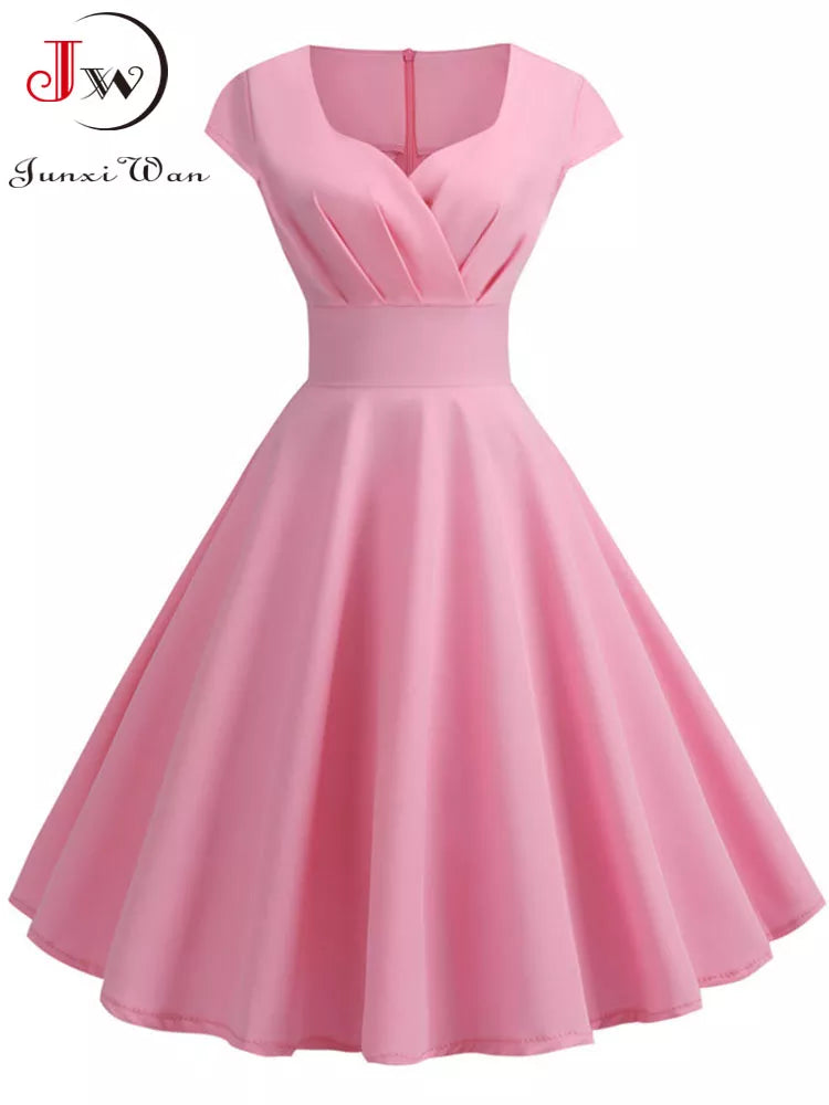 Pink Summer Dress Women V Neck Big Swing Vintage Dress Robe Femme Elegant Retro pin up Party Office Midi Dresses