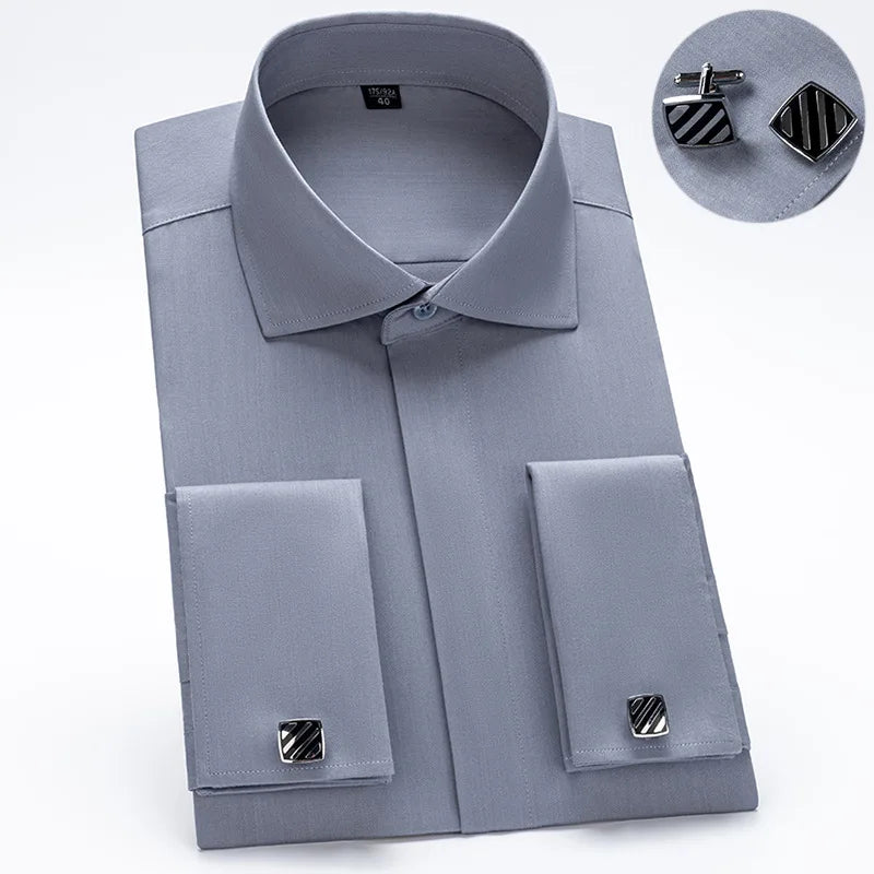 Windsor Collar French Cuff Dress Shirt Fashion Men's Long Sleeve Luxury Business Formal Shirts Covered Button Cufflink Shirt