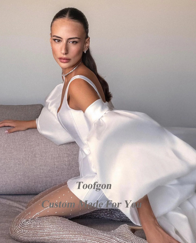 Toofgon 2 Pieces Satin Mini Bride Dress For Wedding Long Sleeves Wrap Formal Bridal Gowns Scoop Wedding Dresses robe de mariée