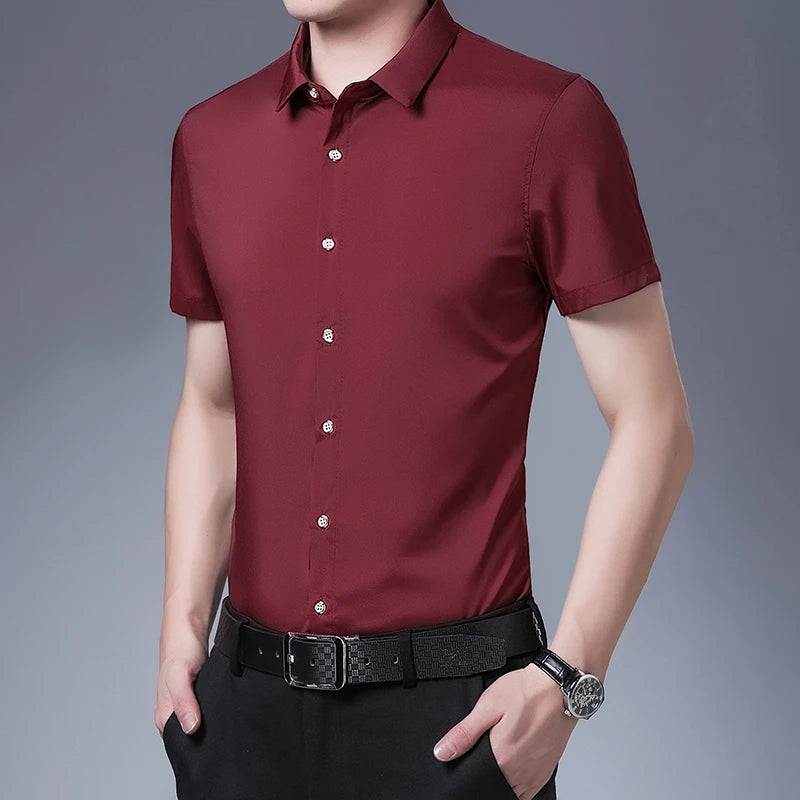 Men's Business Casual Solid Color Short Sleeved Shirt Non Ironing Comfortable Top