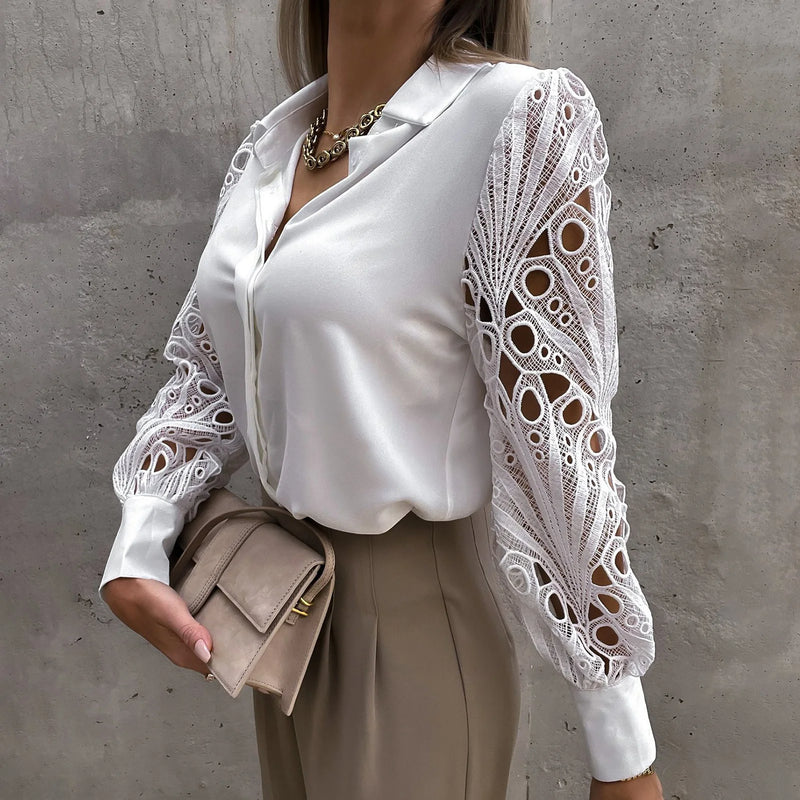 Women Shirt Fashion Solid Long Sleeve Office Lady Blouse Lace Patchwork Spring Summer Slim Single-breasted Top