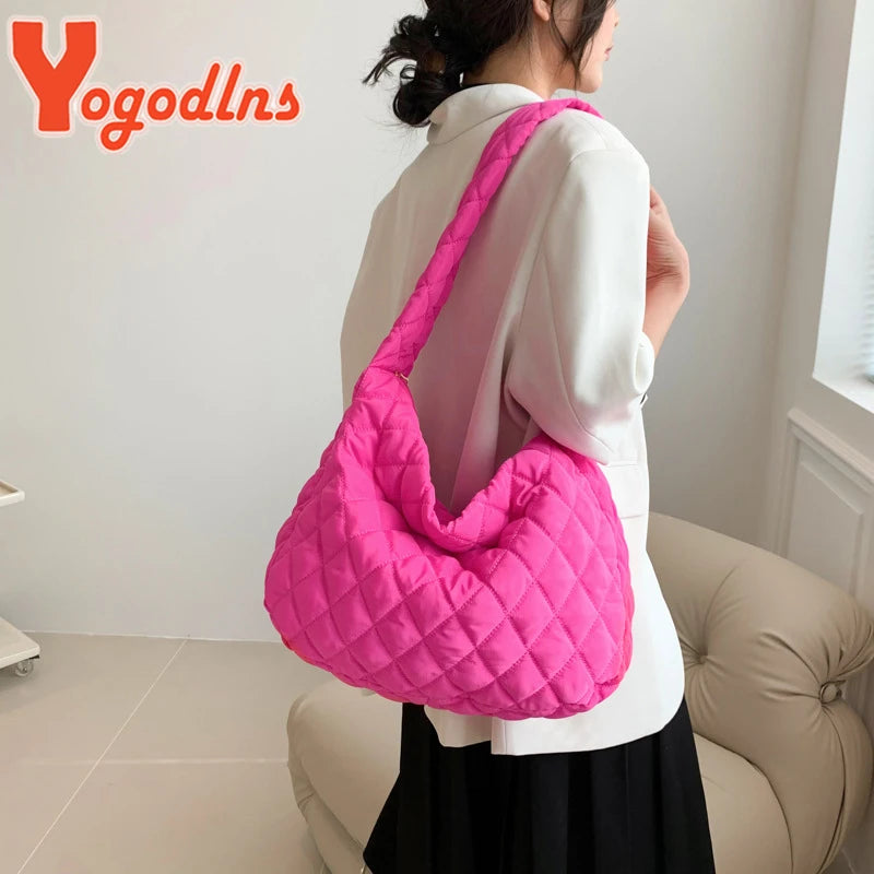 Yogodlns Winter Rhombus Space Cotton Padded Shoulder Bag Female Fashion Flap Down Crossbody Messenger Bag Luxury Lady Tote