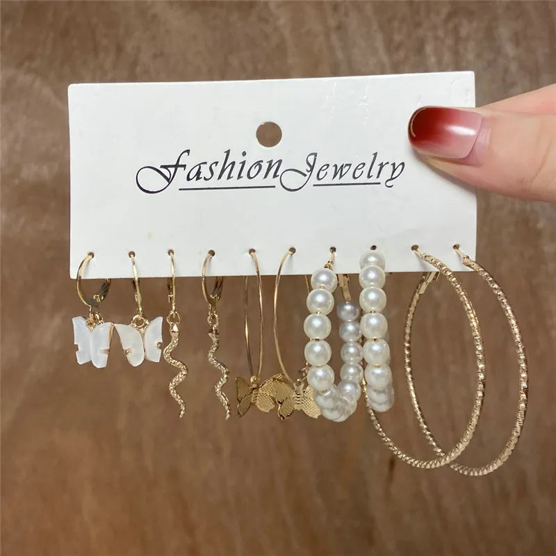 Boho Big Circle Hoop Earring Set for Women, Gold Color Bohemia Vintage Pearl Earring, Heart Zircon Ear Studs Jewelry Gifts