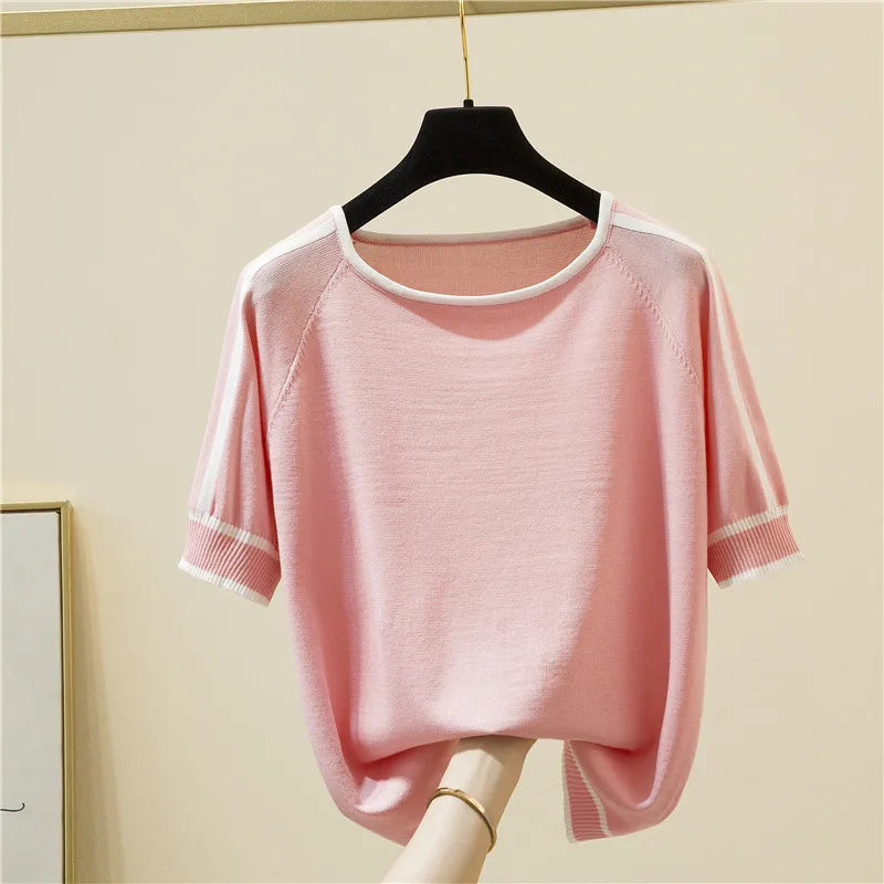 Camisetas Mujer Thin Knitted T Shirt Women Short Sleeve Summer Tops Woman Clothes Striped Fashion T-Shirt Tee Shirt Femme 18841