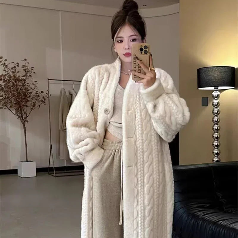 Thicken Knit Loose Coat Women Full Sleeve Single Breasted Fashion Female Cardigan Winter Warm Long Cardigan Chic Lady Outerwear