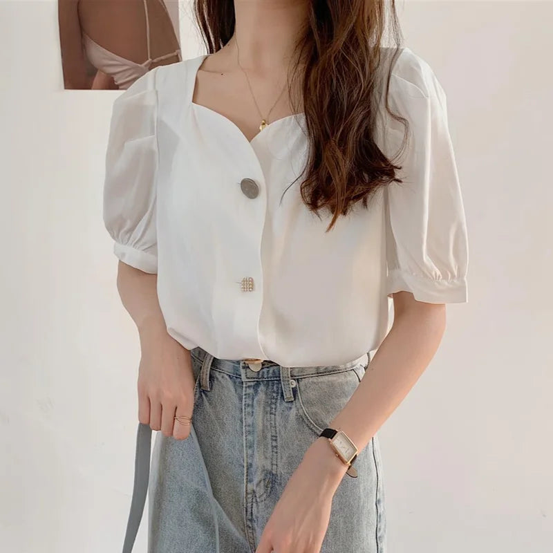 Shirts Women Square Collar Puff Sleeve Button Korean Style Elegant Chiffon Trendy Female Top Blusas All-match Summer Popular Ins