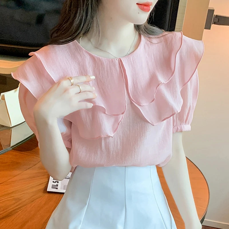 Summer Chiffon Blouses Women Casual Shirts 2024 Vintage Short Sleeve Blusas Mujer Korean Style White Puff Sleeve Ladies Tops y2k