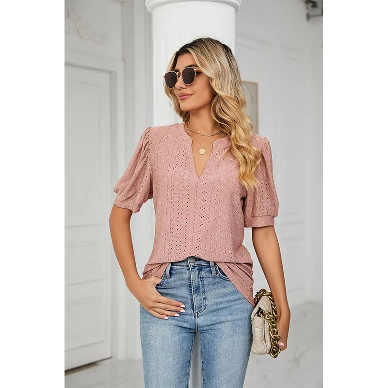 Solid Elegant V-Neck Loose Blouses For Women Fashion 2023 Summer Women's Puff Sleeve Shirts And Blouse Female Hollow Out Top