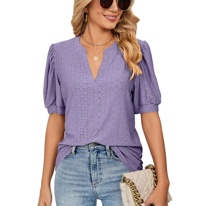 Solid Elegant V-Neck Loose Blouses For Women Fashion 2023 Summer Women's Puff Sleeve Shirts And Blouse Female Hollow Out Top