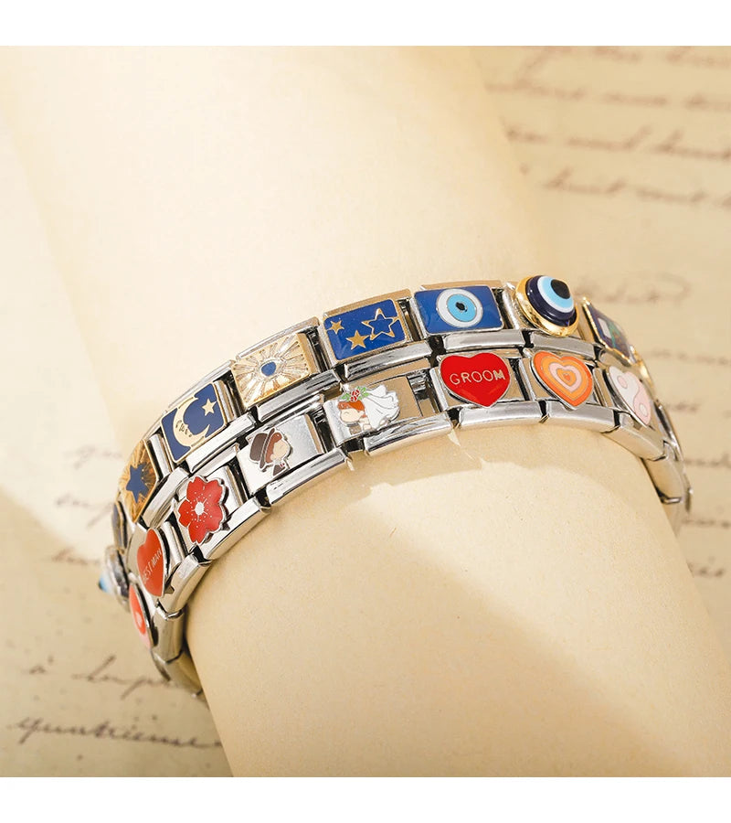 Hapiship Romantic Colour Heart Star Flwoer Tai Chi Italian Charm Links Fit 9mm Stainless Steel Bracelet Jewelry DIY Making DJ597