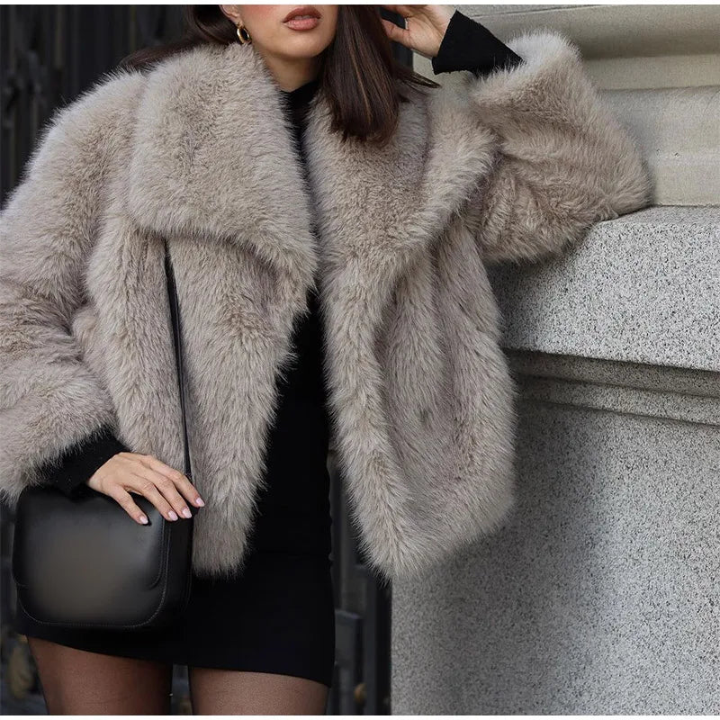 Fashion Lapel Thickened Warm Faux Fur Jacket For Women Autumn Winter Lapel Long Sleeve Coat 2024 New Female High Street Outwears