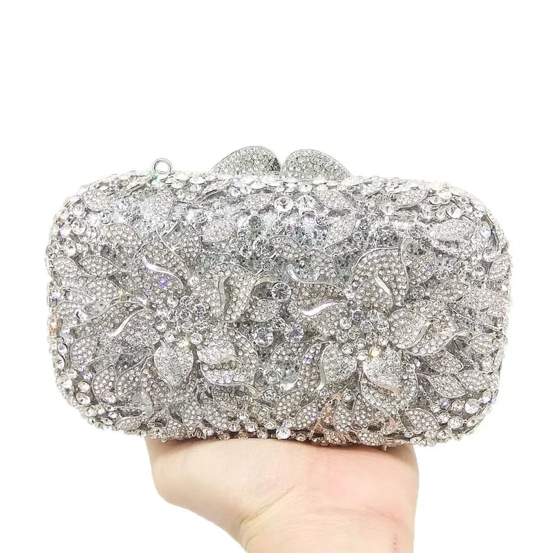 Boutique De FGG (in stock) Dazzling Silver Flower Women Crystal Clutch Evening Bags Wedding Party Minaudiere Handbag and Purse