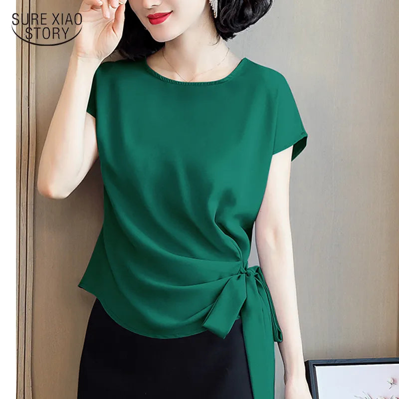 2023 Blusas Mujer De Moda Summer Silk Short-Sleeved Women's Blouse and Tops Office Lady Solid Bow Shirts Women Clothing 9899