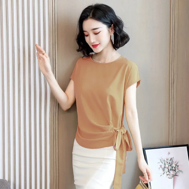 Summer Silk Short-Sleeved Women's Blouse And Tops Office Lady LooseSolid Bow Shirts Women Blusas Mujer De Moda 9899