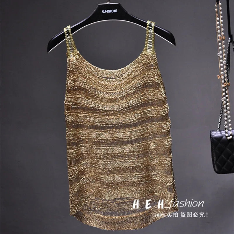 2023 new summer gold thread bright silk hollow camisole shiny thin sexy see-through top crop tops women 2020  tops for women