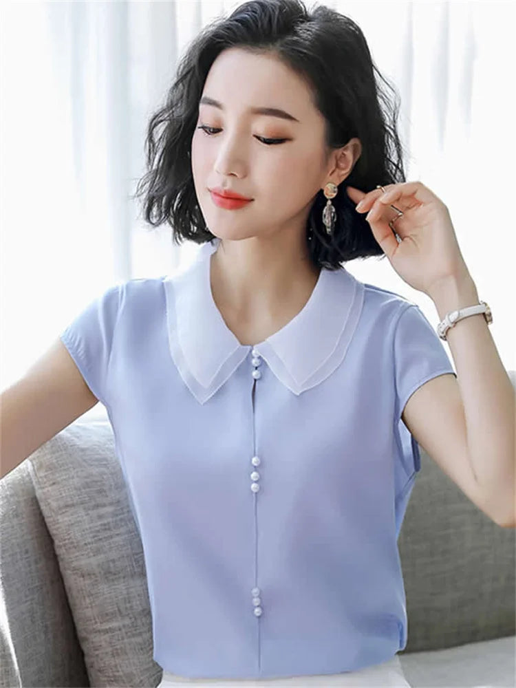 Women Spring Summer Style Blouses Shirts Lady Casual Short Sleeve Peter Pan Collar Blue Pink Blusas Tops DF2707