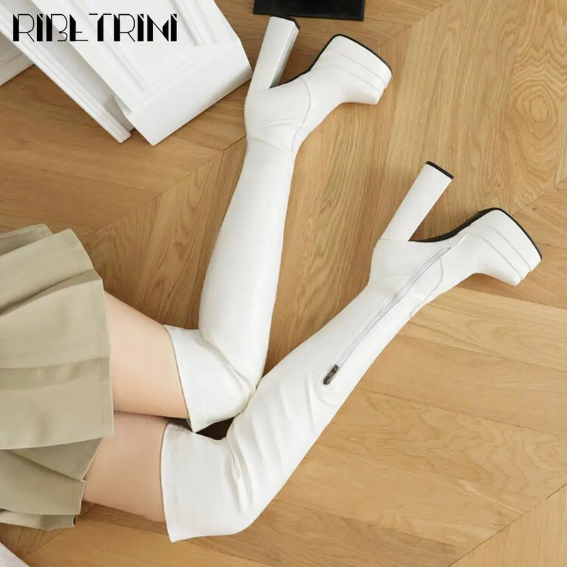 Sexy Women GO GO Boots Over Knee High Zipper Chunky High Heel Double Platform Shoes Luxury Elegant Trendy Party Dress Boots