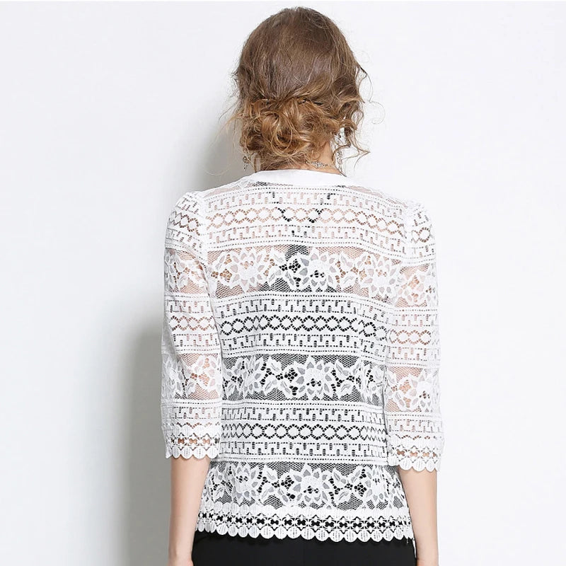 Women Clothing 2023 Ladies White Lace Blouse Summer Cardigan Black White Crochet Sexy Female Blouses Women Tops Blusas 883F