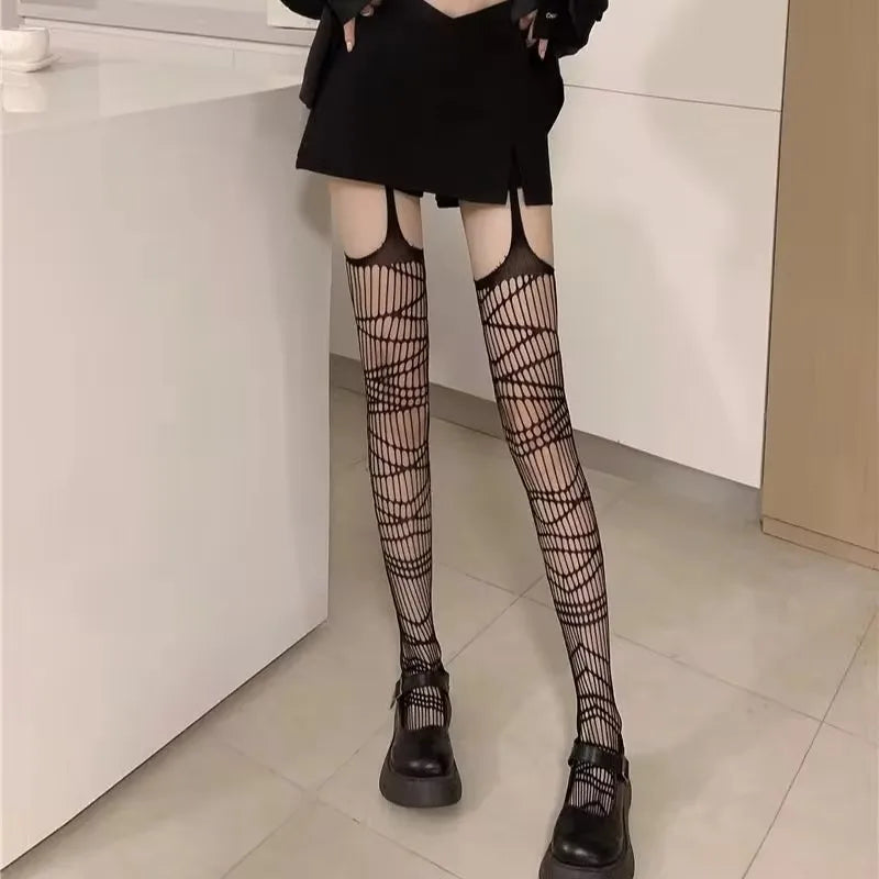 Sexy Women Fishnet Suspender Pantyhose Thigh-High Stockings Tights Stretchy High Erotic Stockings for Halloween Party Dress Up