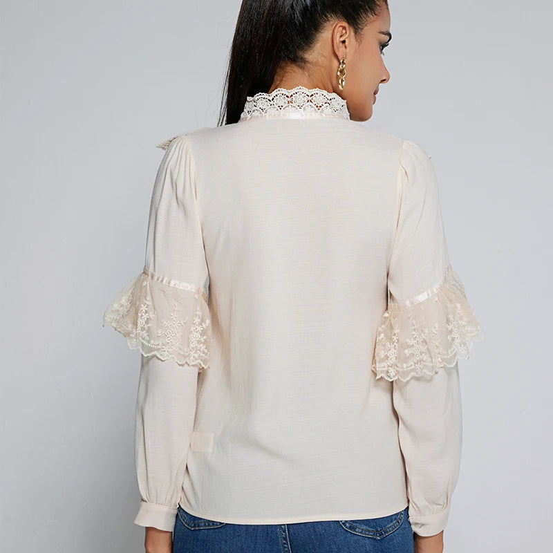 Elegant Ruffled Lace Blouse Women Stand Collar Embroidery White Shirt Woman Long Sleeve Vintage Blouses Lady Tops Blusas 11335